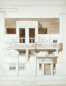 Frontowa elewacja studia i domu dla Franka Milesa (1852-91), Tite Street, Chelsea, 1878-79 (pióro, tusz i pranie na papierze) (patrz także 176481-483, 176485)