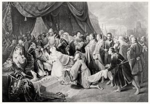 Poddanie się Calais, 4 sierpnia 1347, rytowane przez Johna Younga autorstwa Edward after Bird