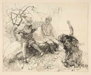 Kaliban, Stephano i Trinculo (Ariel niewidzialna), ilustracja do aktu II, scena II, Burza autorstwa Edwin Austin Abbey