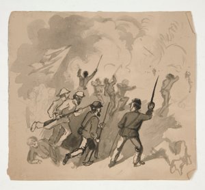 scena bitwy z wojny secesyjnej (recto); Niezidentyfikowana ilustracja mężczyzny w lesie (verso) autorstwa Edwin Austin Abbey