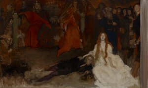 Studium kompozytorskie do Sceny zabawowej w Hamlecie, akt III, scena II autorstwa Edwin Austin Abbey