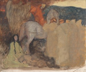 Studium kompozycyjne, prawdopodobnie dla Galahada odlatującego z ziemi, w The Quest and Achievement of the Holy Graal, Book Delivery Room, Boston Public Library autorstwa Edwin Austin Abbey