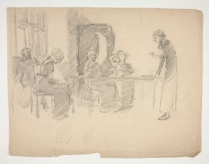 Wczesne studium dla Stony Ground 1884, wnętrze z figurami autorstwa Edwin Austin Abbey