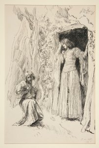 Ferdynand spotyka Mirandę, ilustracja do aktu III, scena I, Burza autorstwa Edwin Austin Abbey