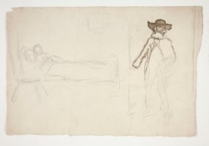 Postać w łóżku, mężczyzna wchodzący do pokoju - niezidentyfikowana ilustracja autorstwa Edwin Austin Abbey