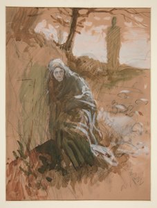 Postać w lesie - niezidentyfikowana ilustracja autorstwa Edwin Austin Abbey
