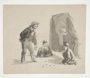 Czterech chłopców grających w kulki (recto); Niezidentyfikowana ilustracja chłopca przy sztalugach we wnętrzu (verso) autorstwa Edwin Austin Abbey
