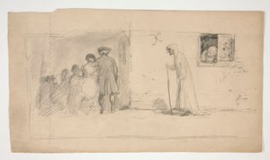 Grupa postaci poza kamiennym domem - niezidentyfikowana ilustracja autorstwa Edwin Austin Abbey