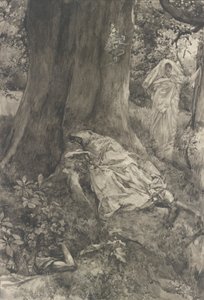 Hermia w lesie, ilustracja do aktu III, scena II, Noc świętojańska autorstwa Edwin Austin Abbey