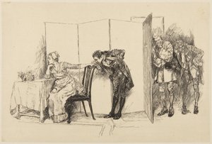 Ilustracja do She Stoops to Conquer Goldsmitha: „Tutaj, za tym parawanem” autorstwa Edwin Austin Abbey