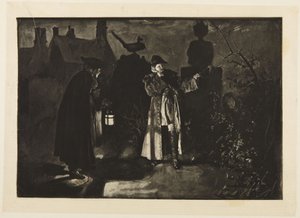 Ilustracja do „She Stoops to Conquer” Goldsmitha: „Mylę się albo słyszałem głosy” autorstwa Edwin Austin Abbey