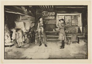 Ilustracja do She Stoops to Conquer Goldsmitha: „Bez obrazy, ale pytanie za pytanie jest całkiem fair, wie pan” autorstwa Edwin Austin Abbey