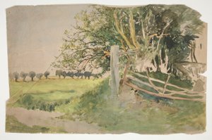 Krajobraz z drzewami i połamanym płotem autorstwa Edwin Austin Abbey