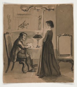 Mężczyzna i kobieta we wnętrzu - niezidentyfikowana ilustracja autorstwa Edwin Austin Abbey