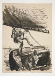 Człowiek wyrzucony za burtę przez bom żaglówki (recto); Niezidentyfikowana ilustracja chłopca świecącego mężczyzny autorstwa Edwin Austin Abbey