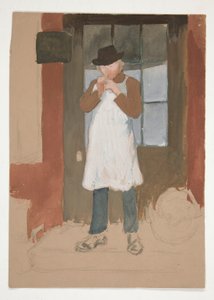 Mężczyzna zapala fajkę w drzwiach - niezidentyfikowana ilustracja autorstwa Edwin Austin Abbey