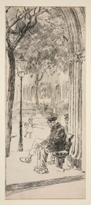 Mężczyzna na ławce w parku - niezidentyfikowana ilustracja autorstwa Edwin Austin Abbey