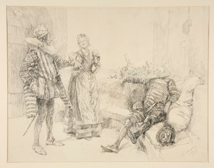 Maria, Sir Andrew i Toby, ilustracja do Aktu I, Scena III, Wieczór Trzech Króli autorstwa Edwin Austin Abbey