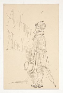 Szkic do kartki z życzeniami: Szczęśliwego Nowego Roku; badanie mężczyzny czytającego znak autorstwa Edwin Austin Abbey