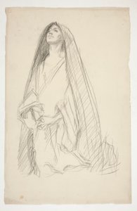 Szkic zakapturzonej postaci kobiecej modlącej się do Trzech Marii pod Krzyżem autorstwa Edwin Austin Abbey