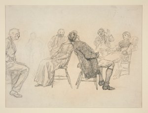 Szkic pary grającej w grę, otoczonej przez gapiów, we wnętrzu (?) - niezidentyfikowana ilustracja autorstwa Edwin Austin Abbey