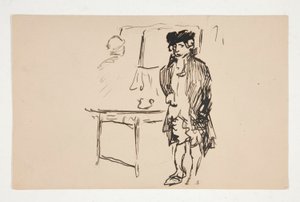 Szkic mężczyzny w rewolucyjnej sukience obok stołu autorstwa Edwin Austin Abbey