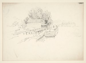 Szkic molo z łodzią rybacką i sklepem w porcie autorstwa Edwin Austin Abbey