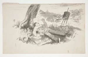Szkic malarza plenerowego drzemiącego pod drzewem - niezidentyfikowana ilustracja autorstwa Edwin Austin Abbey