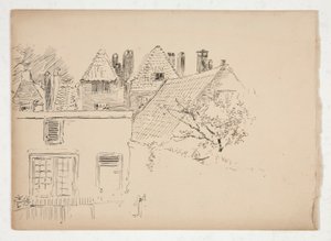 Szkic zewnętrza: budynki i drzewo autorstwa Edwin Austin Abbey
