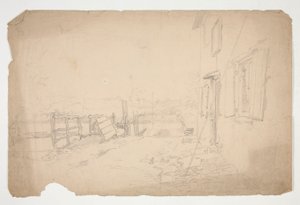 Szkic zewnętrznej części wiejskiego domu autorstwa Edwin Austin Abbey