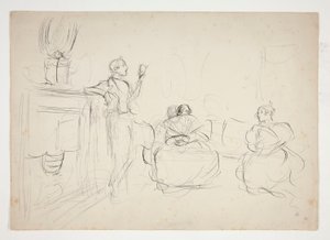 Szkic wnętrza: mężczyzna czytający na głos, kobiety robiące na drutach - niezidentyfikowana ilustracja autorstwa Edwin Austin Abbey