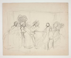 Szkic postaci wokół stołu - niezidentyfikowana ilustracja do przedstawienia (?) autorstwa Edwin Austin Abbey