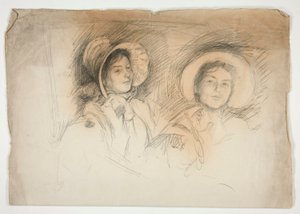 Szkic dwóch młodych kobiet w czepkach (niezidentyfikowane opiekunki) autorstwa Edwin Austin Abbey