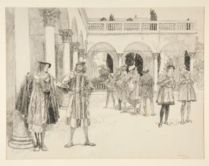Dziedziniec Pałacu, z aktu IV, scena II, Dwóch dżentelmenów z Werony autorstwa Edwin Austin Abbey
