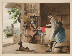 Trzech mężczyzn w sklepie z artykułami suchymi - sklep wiejski, Dolbyville autorstwa Edwin Austin Abbey