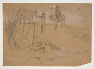 Dwóch mężczyzn i dwa konie w krajobrazie - niezidentyfikowana ilustracja autorstwa Edwin Austin Abbey