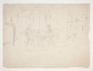 Dwóch mężczyzn przy stole we wnętrzu autorstwa Edwin Austin Abbey