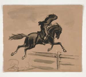 Niezidentyfikowana ilustracja jeźdźca skaczącego przez płot (recto); Studium postaci starego człowieka (verso) autorstwa Edwin Austin Abbey
