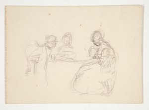 Niezidentyfikowana ilustracja - studium postaci przy stole. Siedzący mężczyzna na odwrocie. autorstwa Edwin Austin Abbey