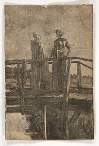 Niezatytułowany drzeworyt wykonany przez E.A. Opactwo (?) dwóch pań na drewnianej kładce - ilustracja dla Williama Blacka autorstwa Edwin Austin Abbey