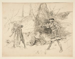 Valentine ratuje Sylwię, z aktu V, scena iv, Dwóch dżentelmenów z Werony autorstwa Edwin Austin Abbey
