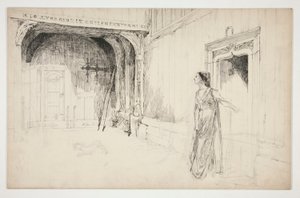 Kobieta i pies we wnętrzu - (niezidentyfikowana ilustracja do sztuki?) autorstwa Edwin Austin Abbey