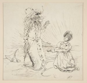 Kobieta i wąż na plaży, szkic do The Lay of the Lobster autorstwa Edwin Austin Abbey