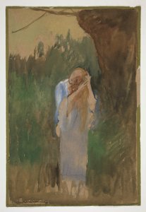 Kobieta w krajobrazie, czesząca swoje długie blond włosy - (niezidentyfikowana ilustracja) autorstwa Edwin Austin Abbey