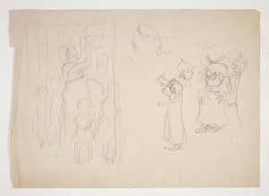 Kobieta z dziećmi i kreskówka - niezidentyfikowana ilustracja autorstwa Edwin Austin Abbey