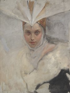 Kobieta w nakryciu głowy rybołowa i białym futrzanym kołnierzu, 1897 autorstwa Edwin Austin Abbey