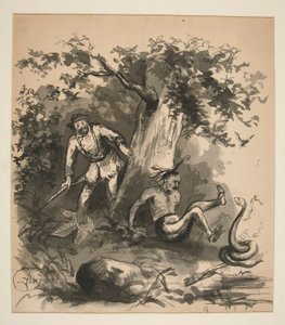 Leśna scena przedstawiająca myśliwego, Indianina i węża - niezidentyfikowana ilustracja autorstwa Edwin Austin Abbey