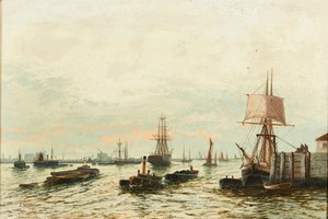 Barki na Tamizie (olej na płótnie) autorstwa Edwin Henry Eugene Fletcher