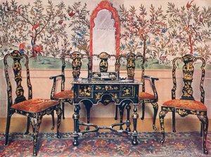 Czarna Lakierowana Sofa, Krzesła i Stół, Czerwone Lakierowane Lustro. Tapeta w Wotton-under-Edge autorstwa Edwin John Foley
