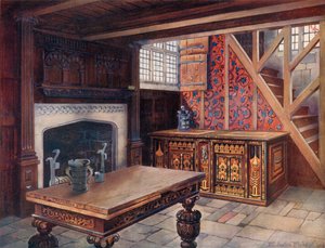 Inkrustowana skrzynia Nonesuch. Rzeźbiony stół do rysowania, sala Shibden. Rzeźbiony kominek w Chiddingstone. Najwcześniejsza angielska tapeta, w Borden Hall autorstwa Edwin John Foley